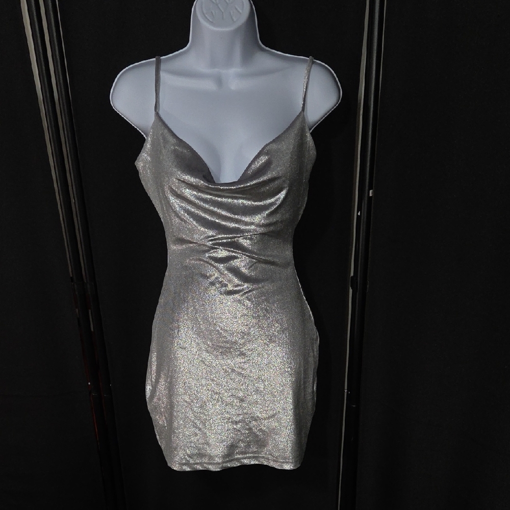 Windsor Silver Metallic Cowl Neck Mini Dress